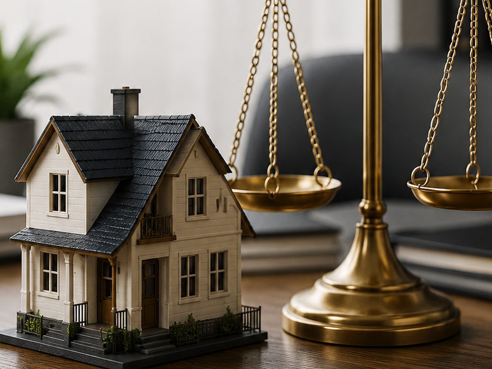 Balanza de la justicia junto a una vivienda